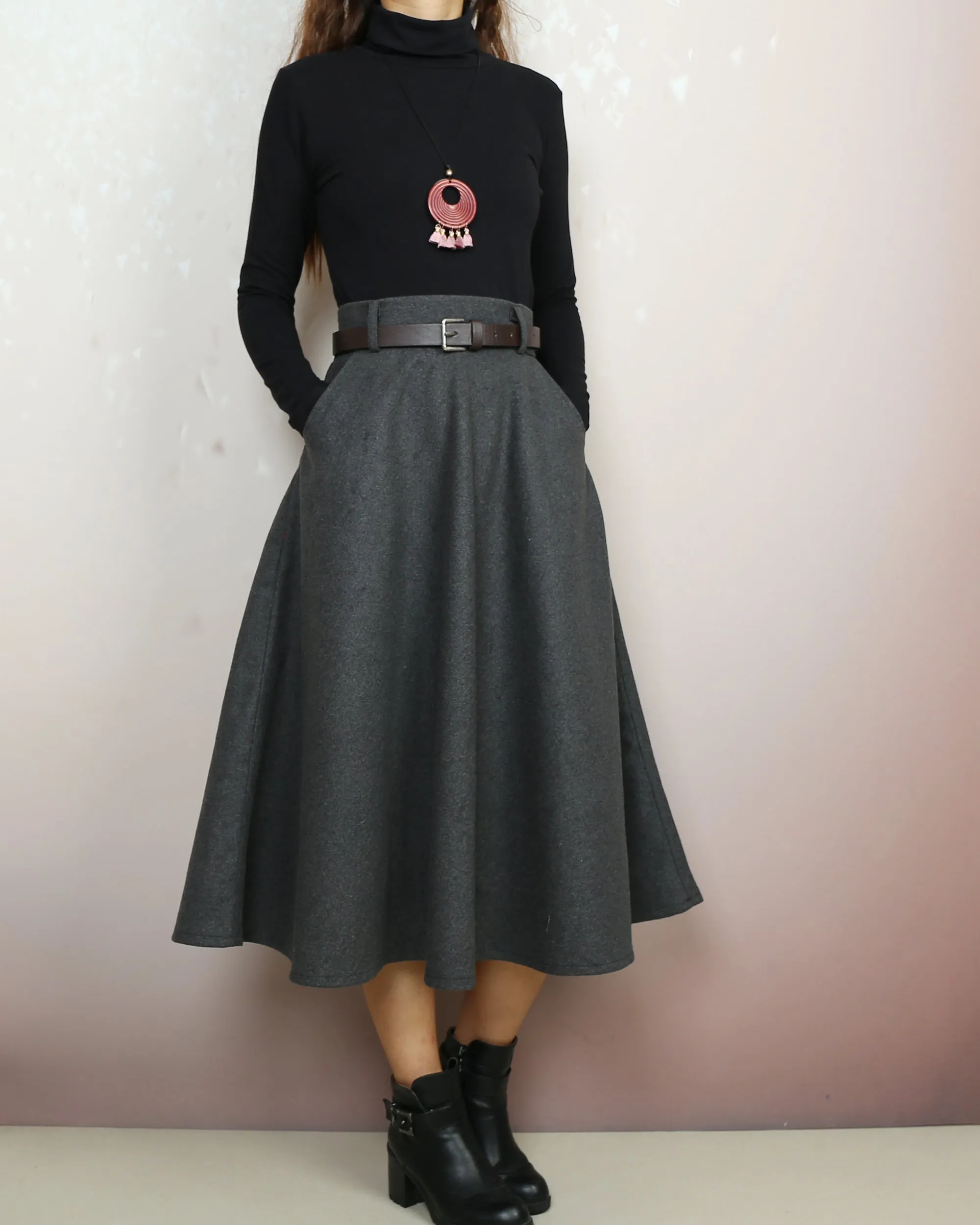 Winter skirt, Wool skirt with belt, custom made skirt, midi skirt, black skirt (Q2143)