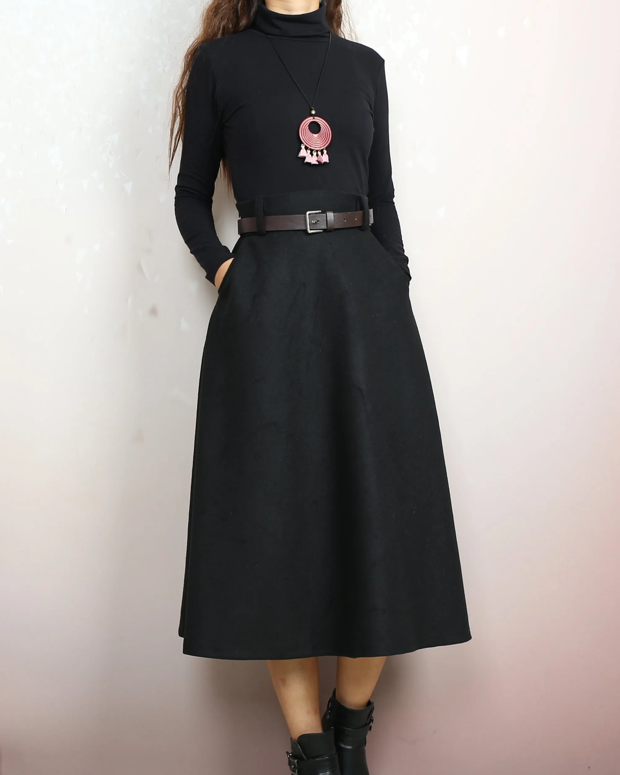 Winter skirt, Wool skirt with belt, custom made skirt, midi skirt, black skirt (Q2143)