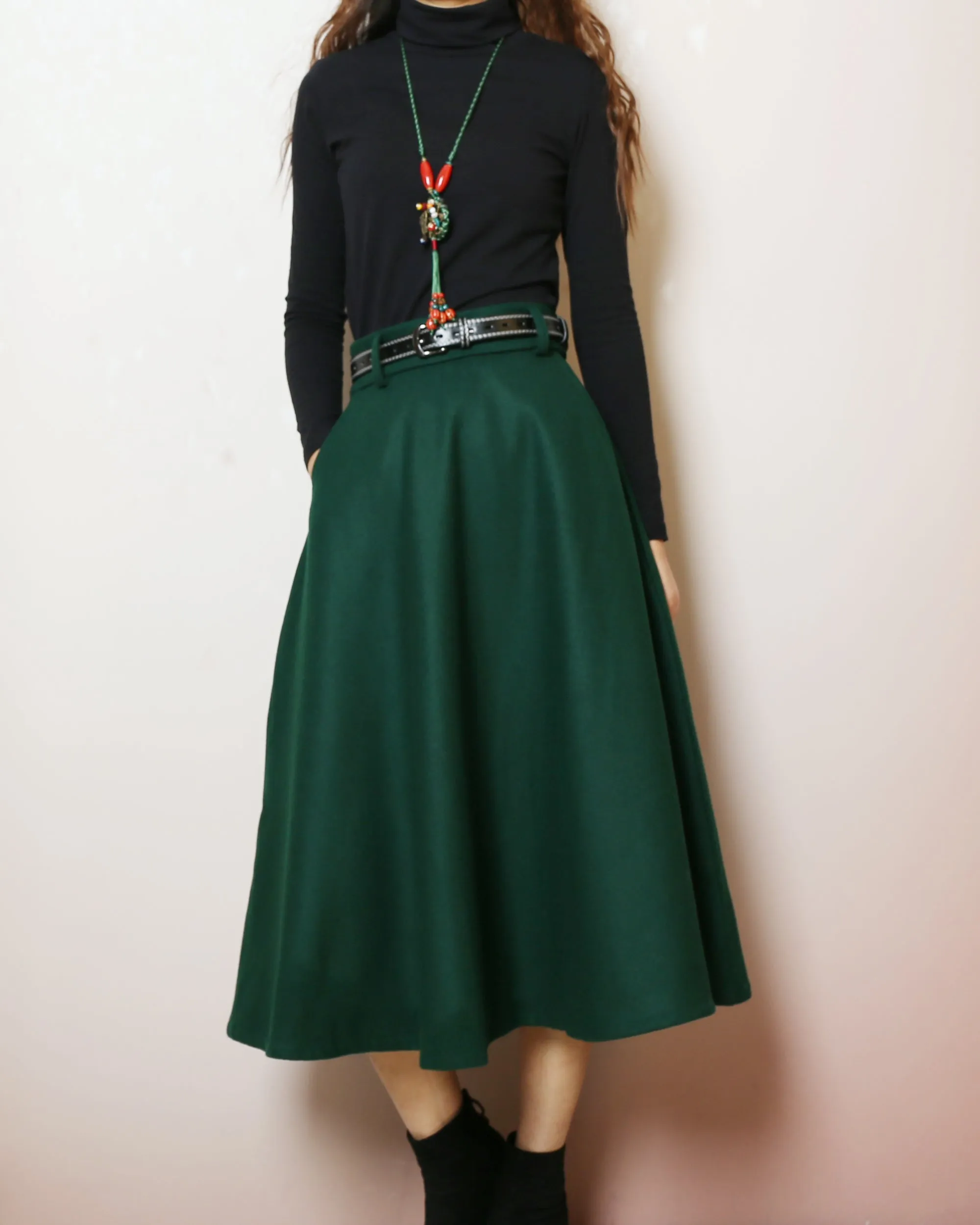 Winter skirt, Wool skirt with belt, custom made skirt, midi skirt, black skirt (Q2143)