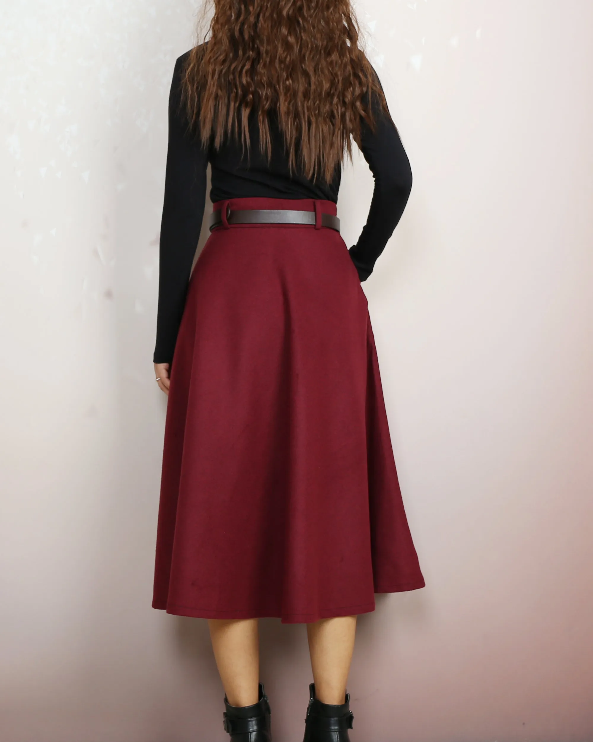 Winter skirt, Wool skirt with belt, custom made skirt, midi skirt, black skirt (Q2143)