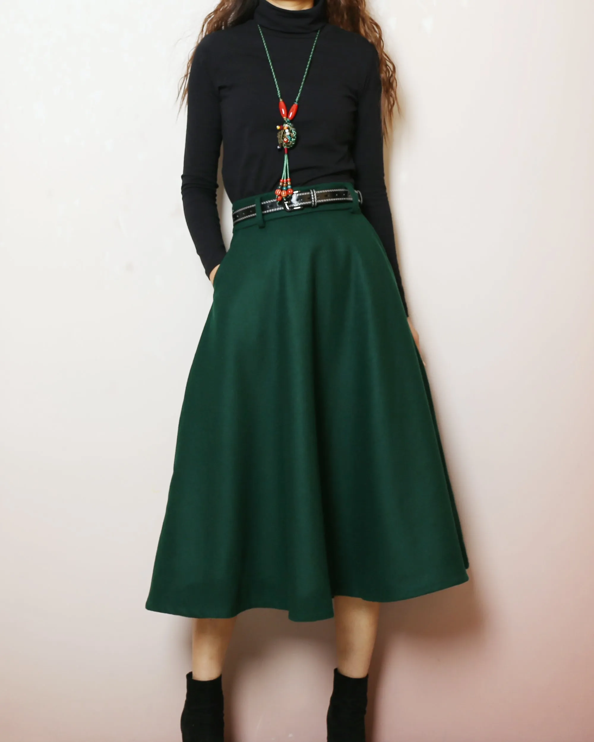 Winter skirt, Wool skirt with belt, custom made skirt, midi skirt, black skirt (Q2143)