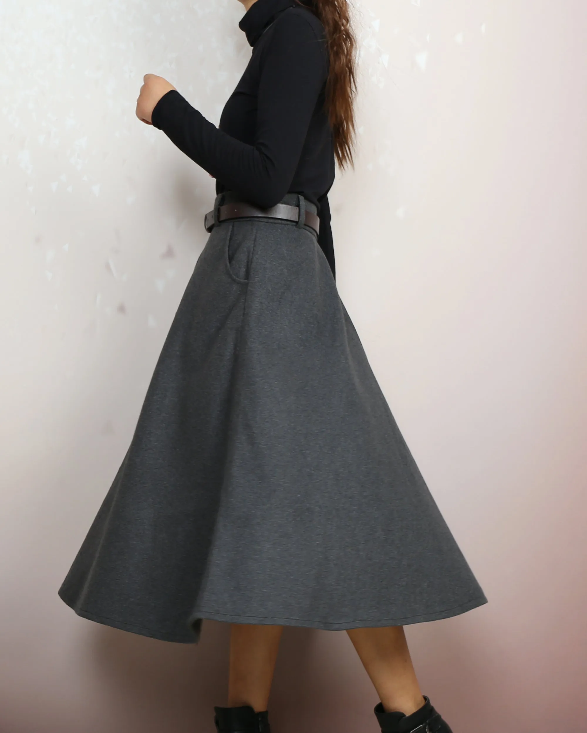 Winter skirt, Wool skirt with belt, custom made skirt, midi skirt, black skirt (Q2143)