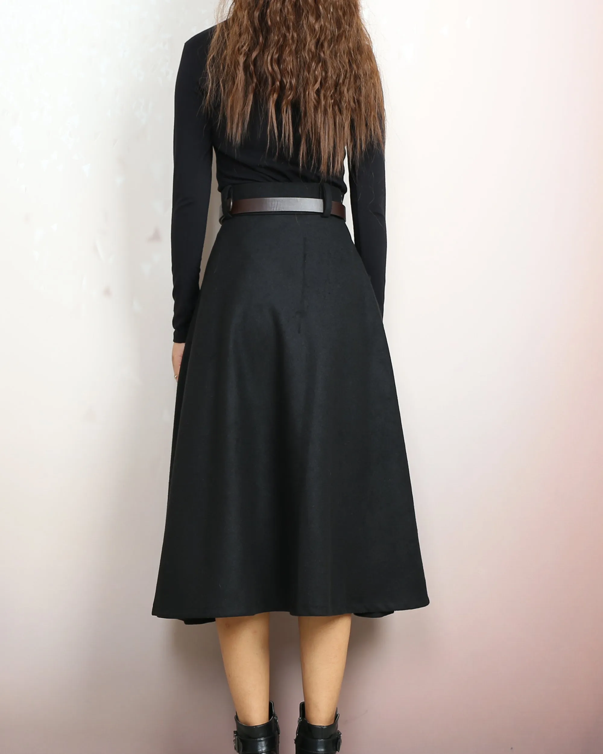 Winter skirt, Wool skirt with belt, custom made skirt, midi skirt, black skirt (Q2143)