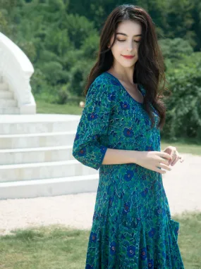 Woman 3/4 Sleeves Cotton Maxi Dress Winter Teal Floral  SCANDINAVIAN KAJA Natural Fiber Dress  - Chloe Dress