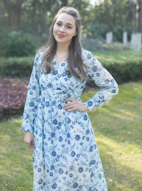 Woman Winter Long Sleeves Cotton Blue Floral Dress - Emma Dress