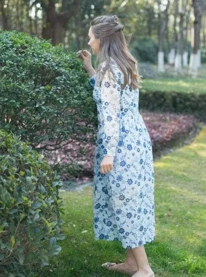 Woman Winter Long Sleeves Cotton Blue Floral Dress - Emma Dress