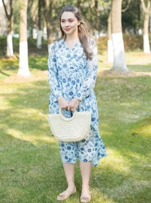 Woman Winter Long Sleeves Cotton Blue Floral Dress - Emma Dress