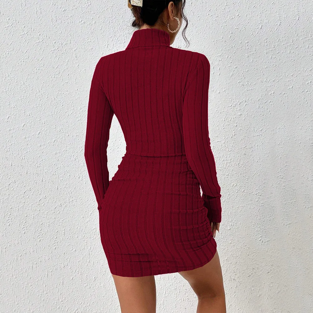 Women Clothing Adult Lady like Woman Wine Red Dress Autumn Winter Simplicity High Necked All Matching Short Dress