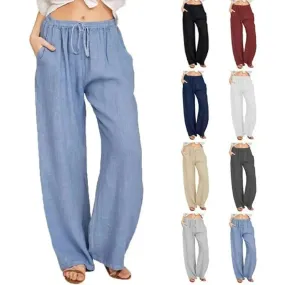 Women Cotton Linen Pants - Summer and Autumn High Waist Wide-Leg Trousers