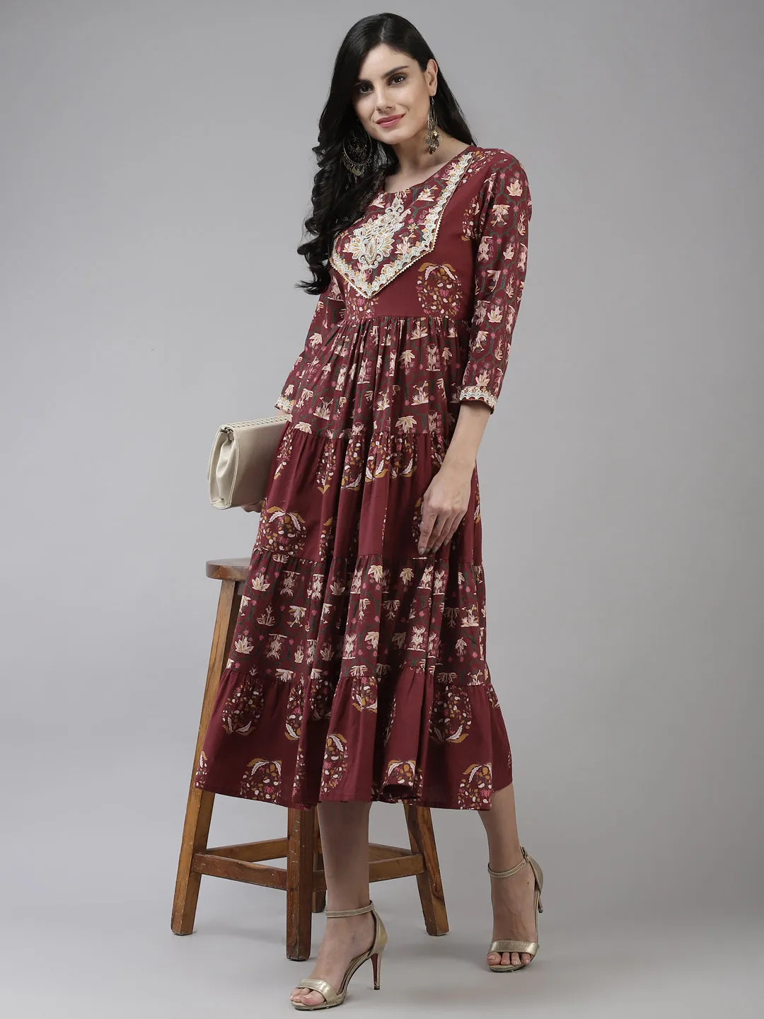 Women Maroon Cotton Dress