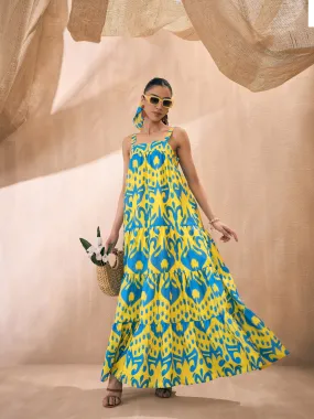 Women Yellow & Blue Ikat Loose Fit Strappy Tiered Maxi