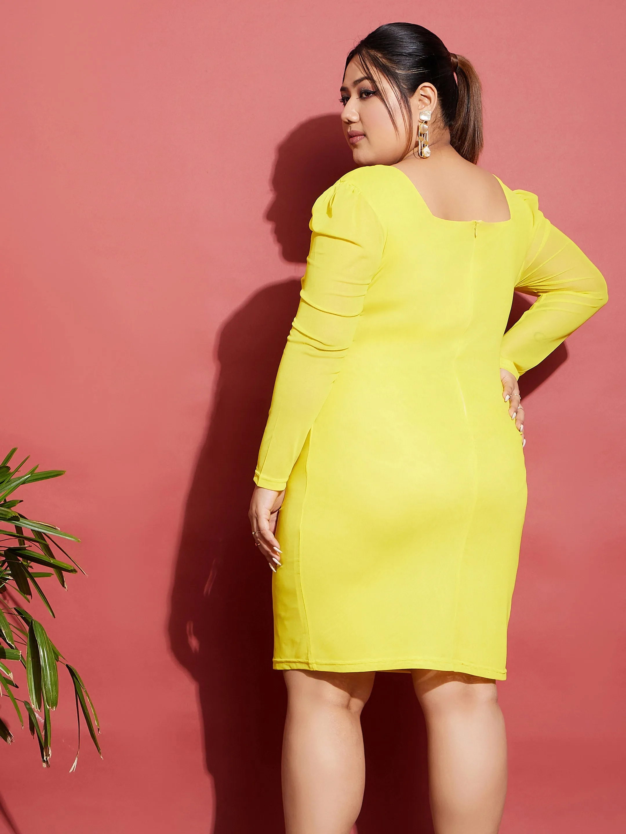 Women Yellow Mesh Bodycon Dress