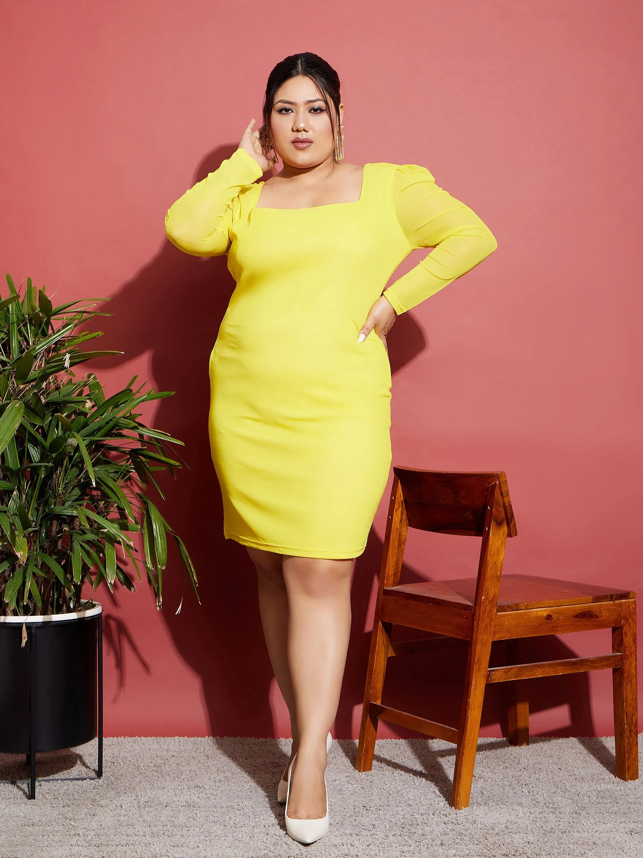 Women Yellow Mesh Bodycon Dress