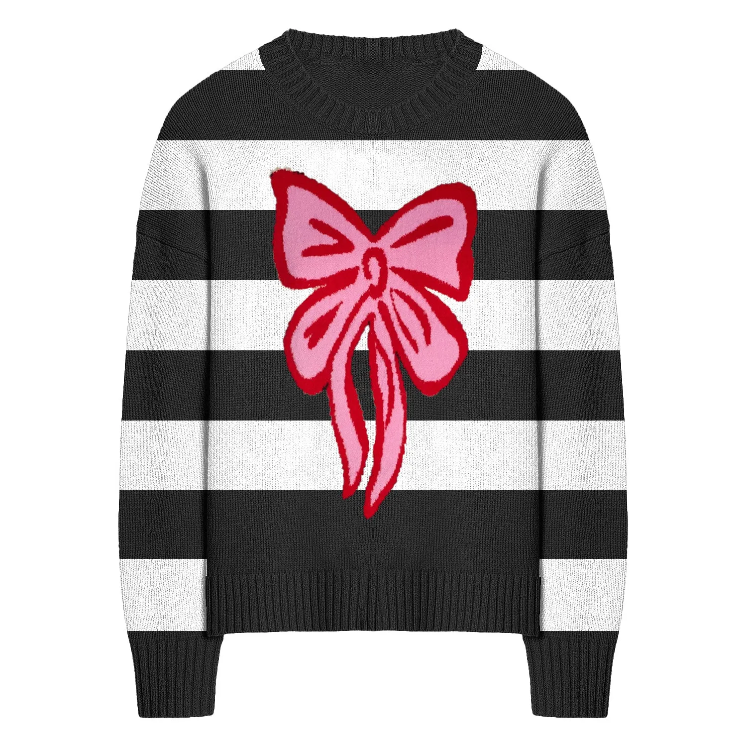 Women's black striped bow Christmas sweater