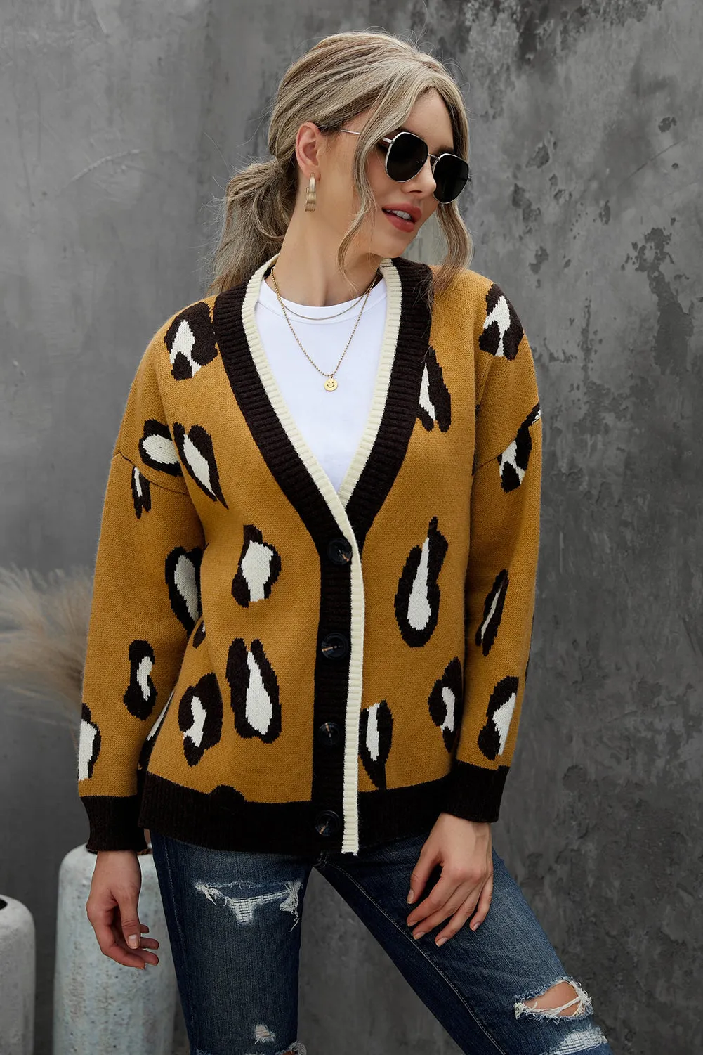 Women's Leopard Button Down Yellow Cardigan Open Front Knitted Sweater