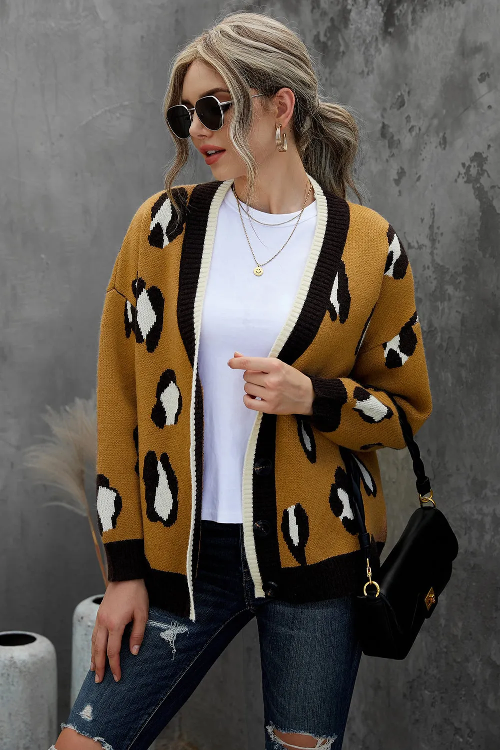 Women's Leopard Button Down Yellow Cardigan Open Front Knitted Sweater