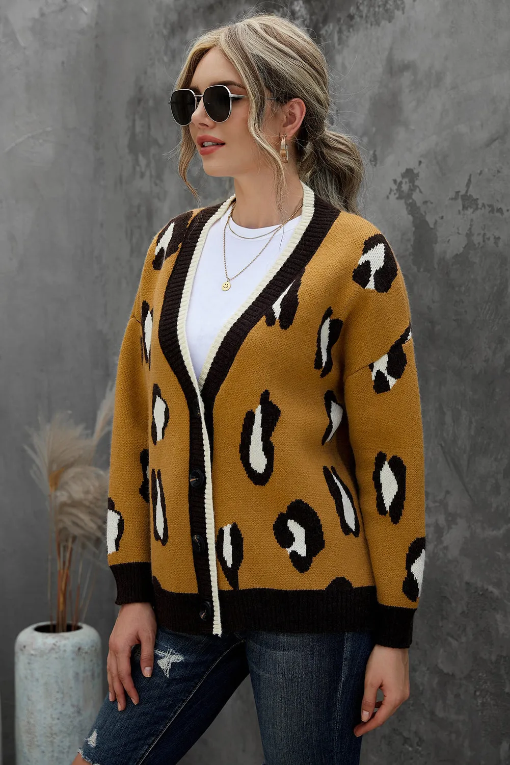 Women's Leopard Button Down Yellow Cardigan Open Front Knitted Sweater