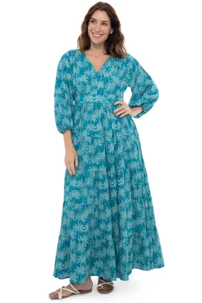 Women's Palm Beach Tiered Maxi Dress | Tahitian Teal Swaying Palms