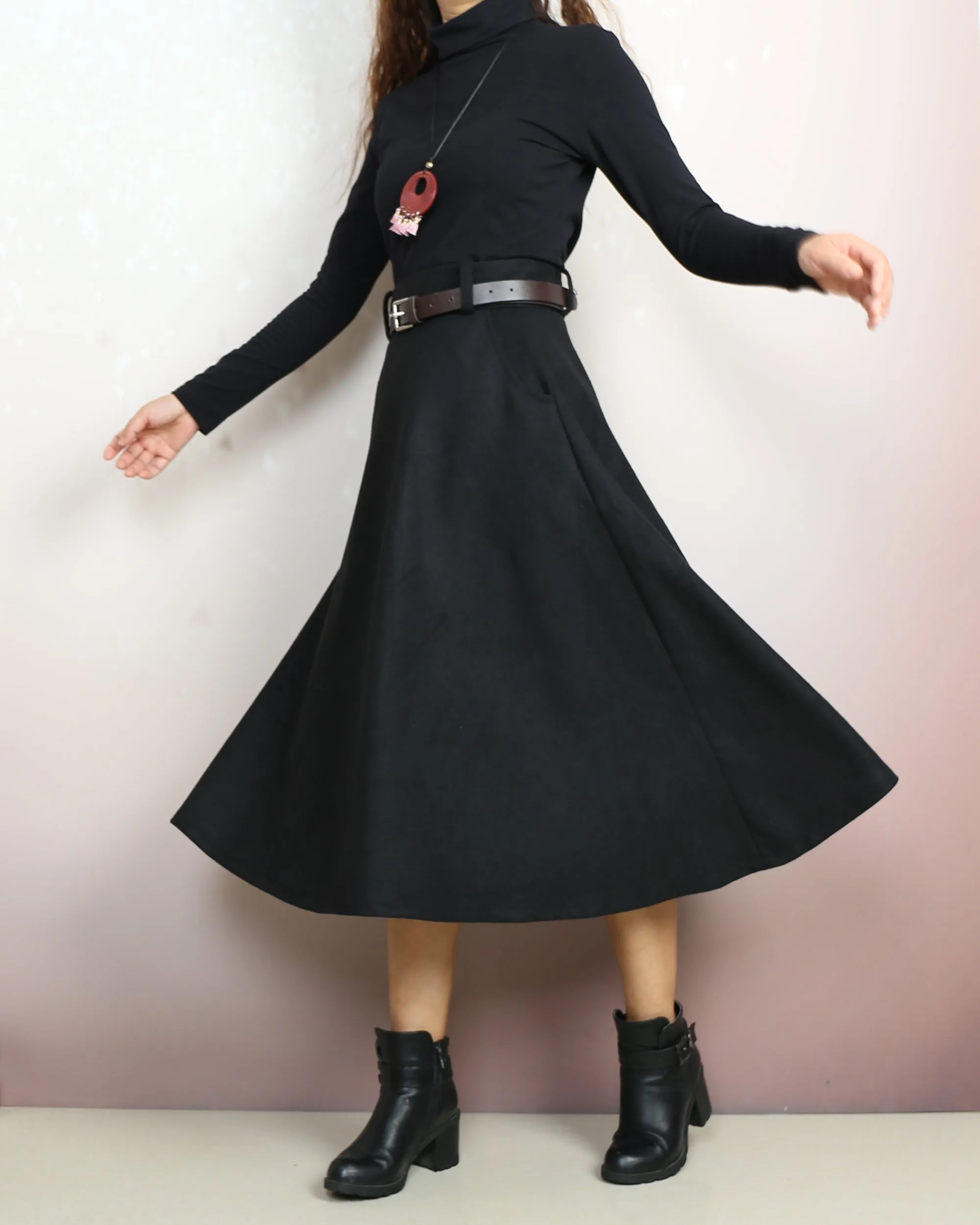 Wool skirt with belt, winter skirt, custom made skirt, midi skirt, black skirt (Q2143)