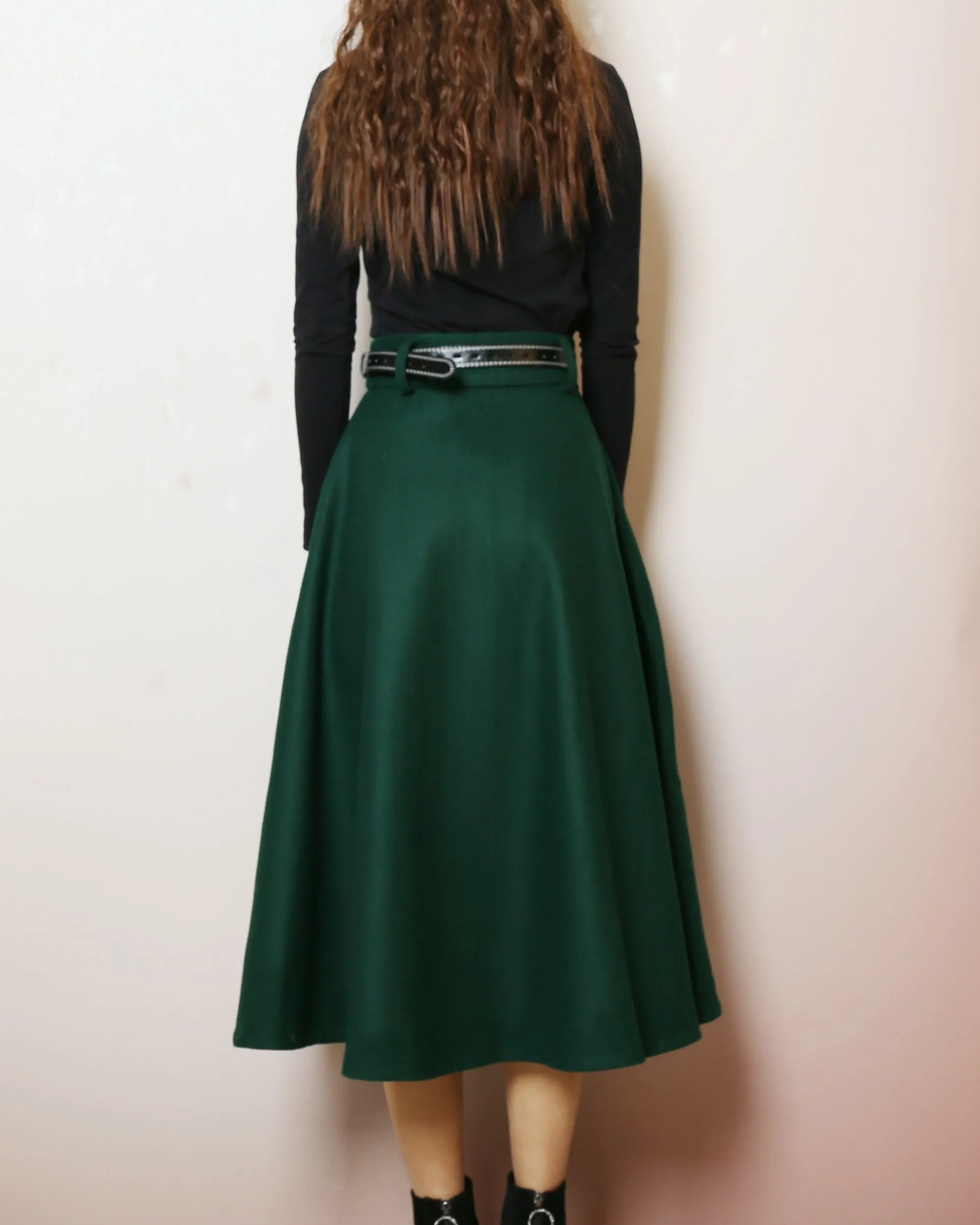 Wool skirt with belt, winter skirt, custom made skirt, midi skirt, black skirt (Q2143)