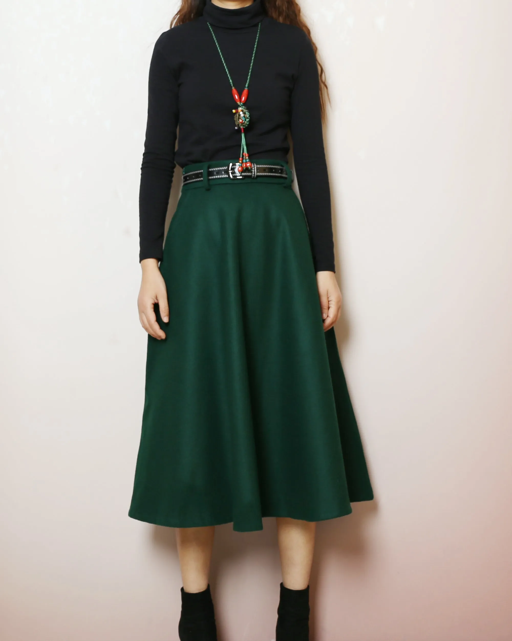 Wool skirt with belt, winter skirt, custom made skirt, midi skirt, black skirt (Q2143)