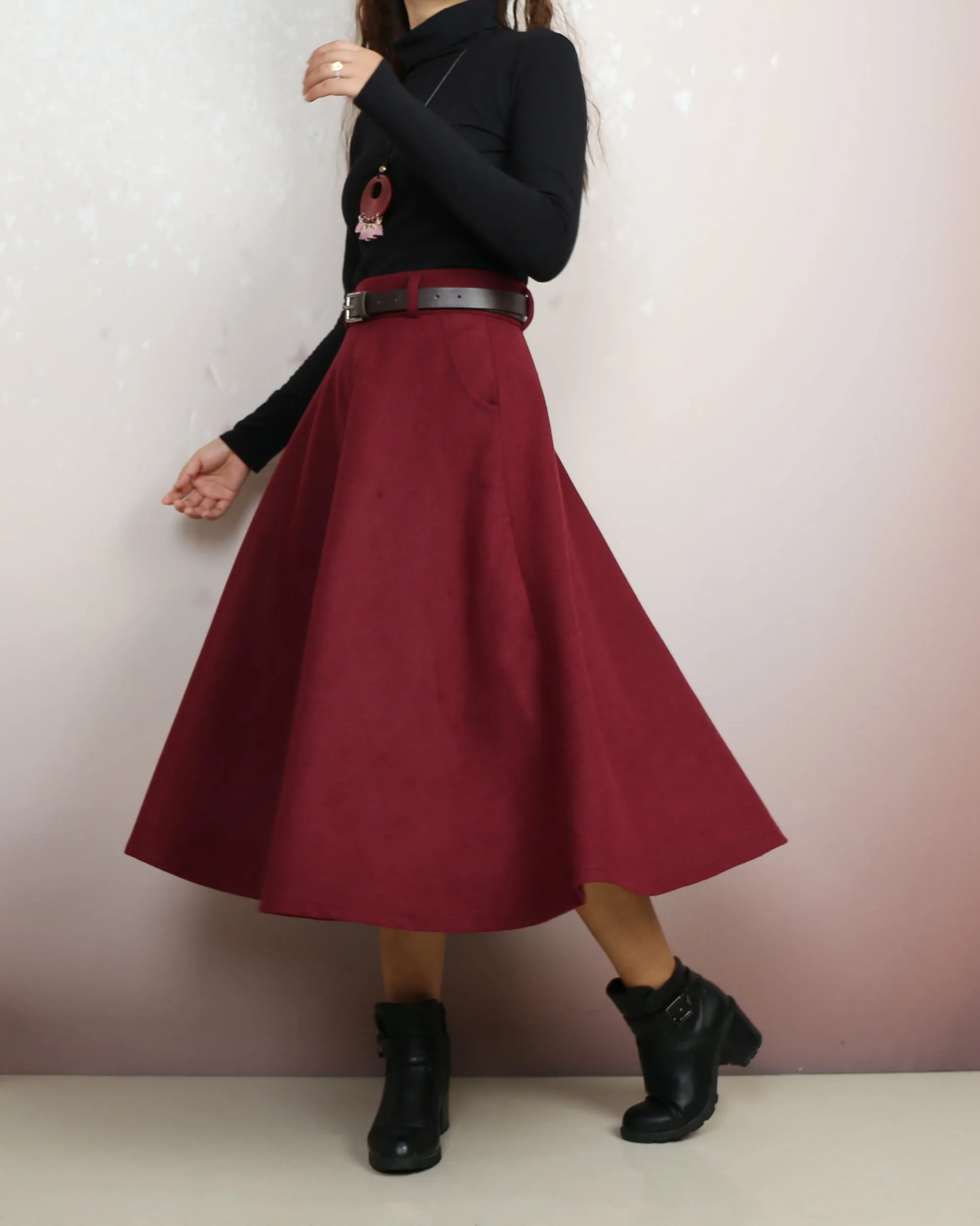 Wool skirt with belt, winter skirt, custom made skirt, midi skirt, black skirt (Q2143)