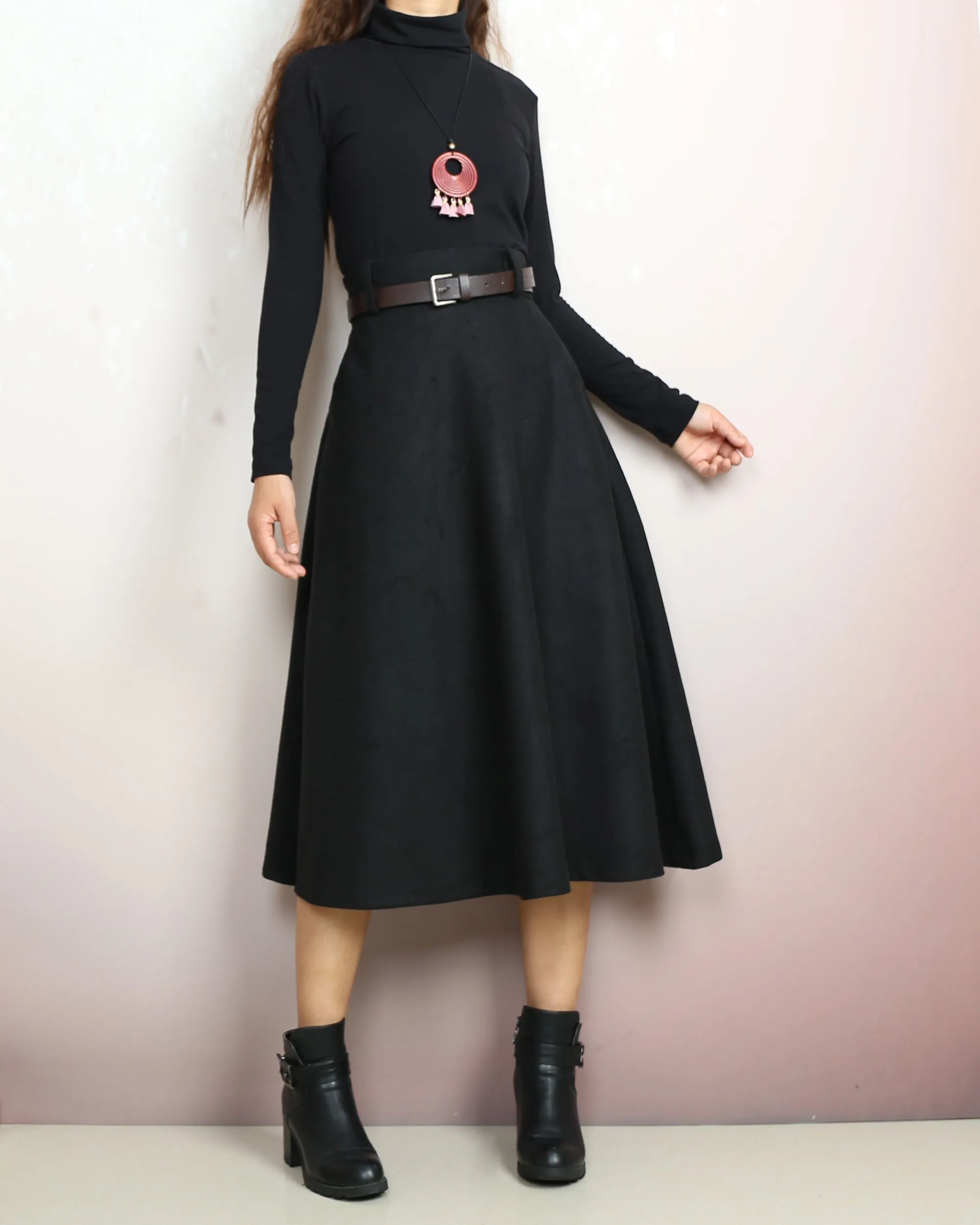 Wool skirt with belt, winter skirt, custom made skirt, midi skirt, black skirt (Q2143)