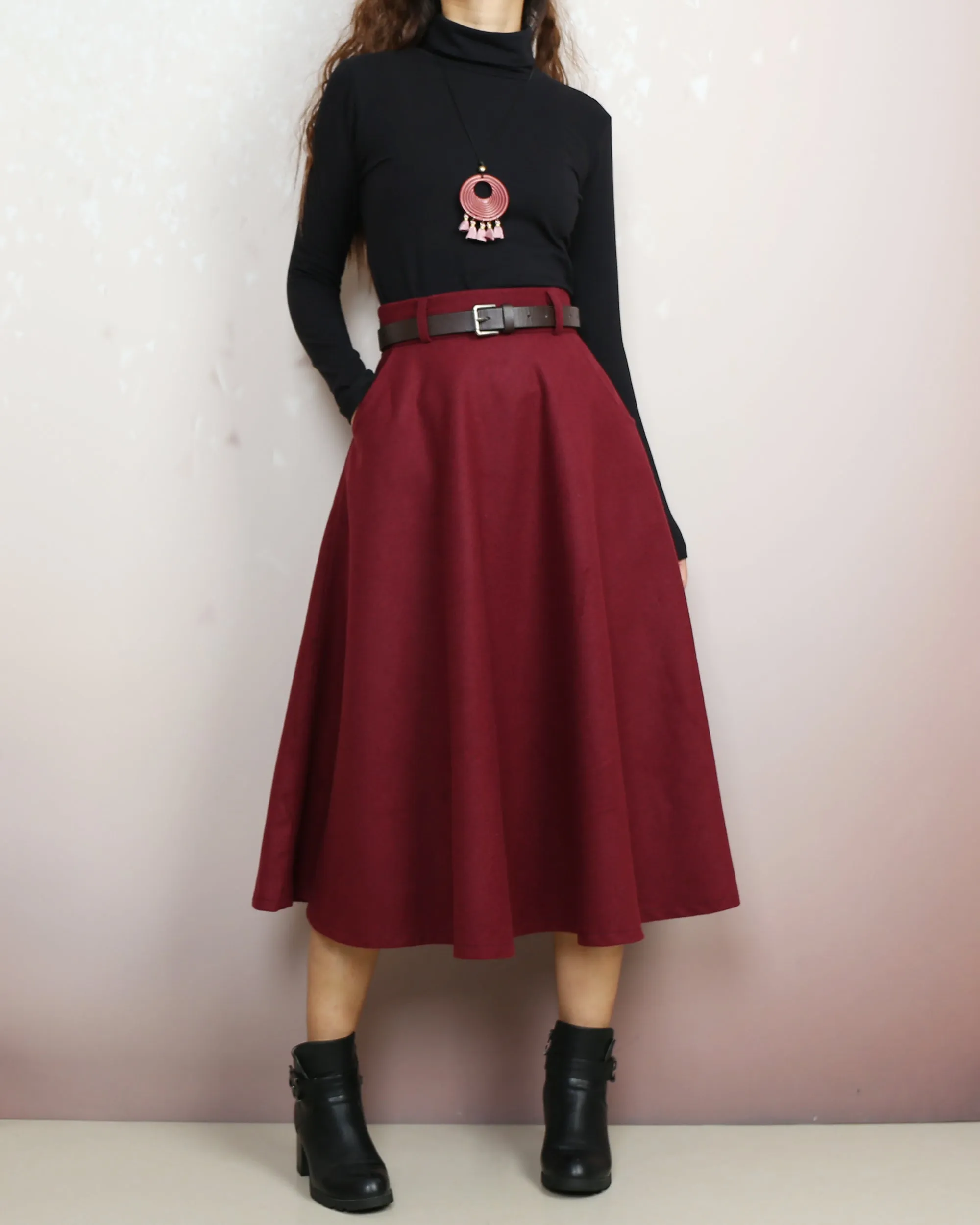 Wool skirt with belt, winter skirt, custom made skirt, midi skirt, black skirt (Q2143)