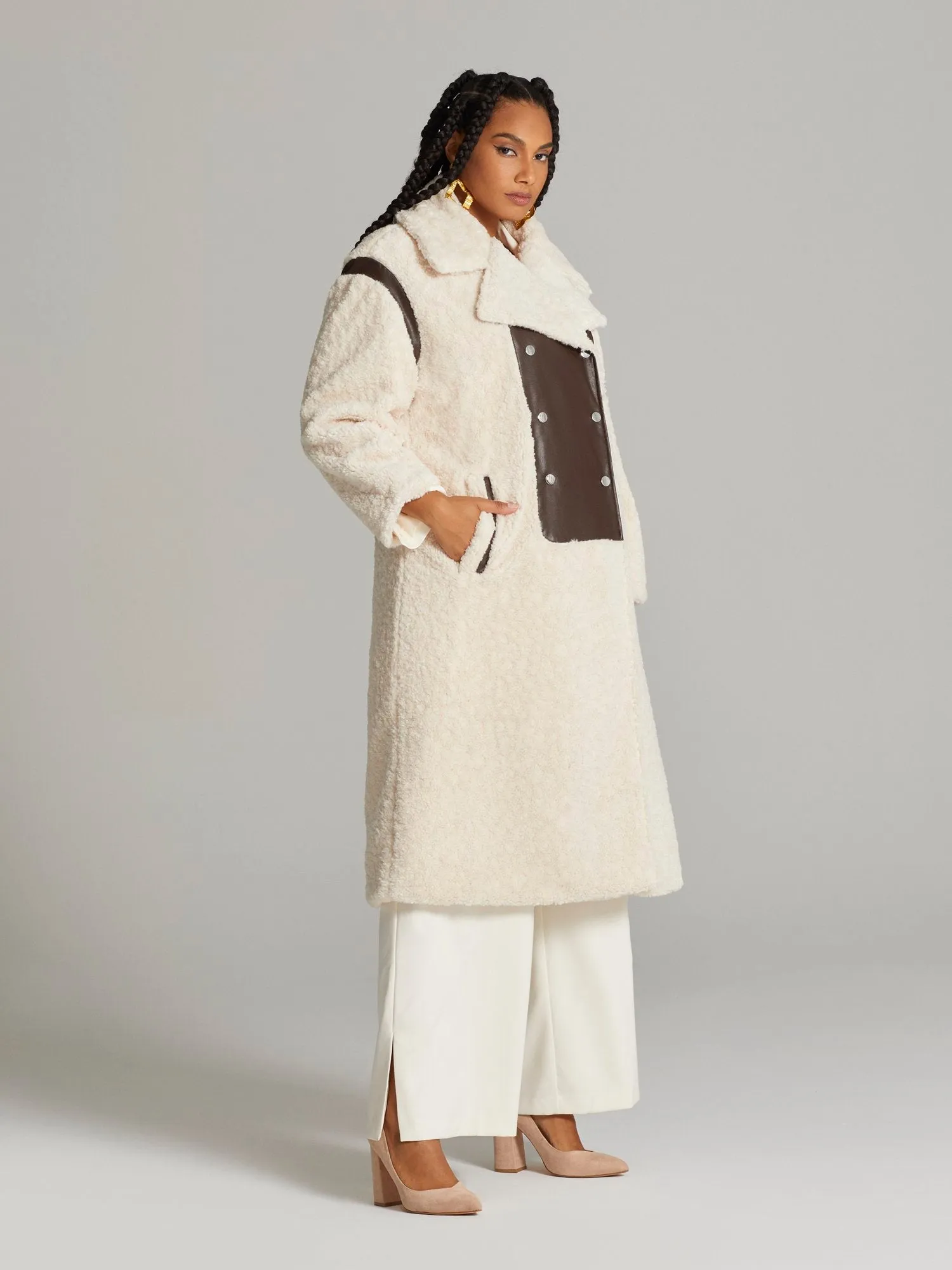 Xolani Faux Leather Patch Sherpa Coat